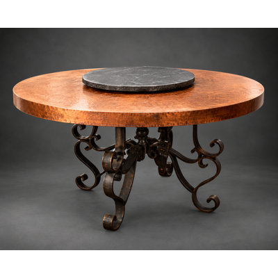 Artisan Hand-Hammered Copper Round Dining Table with Ornate Wrought Iron Pedestal Base | Built in Copper Lazy Susan