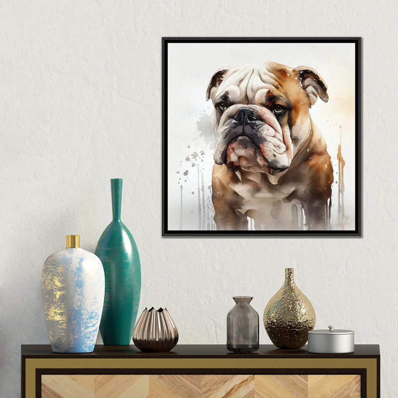 Watercolor British Bulldog, Black Floater Framed Canvas, 18" H x 18" W x 1.5" D