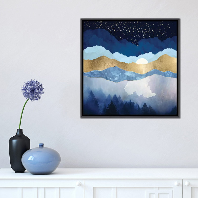 Forêt de minuit - impression, Pas de tapis, H 18 po x l 18 po x 1,5 po, Toile avec cadre noir patiné