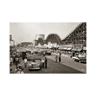 " 1950s Roller Coaster Crowded Streets Parked Cars Coney Island Brooklyn New York USA " Black and White Photography