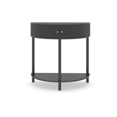 Artisan-Crafted Wave-Pattern Demi-Lune Console Table With Dark Gray Finish,Unique Half Moon Design End Table With 2 Storage Drawers And Bottom Shelf For Living Room, Bedroom, Study, Hallway