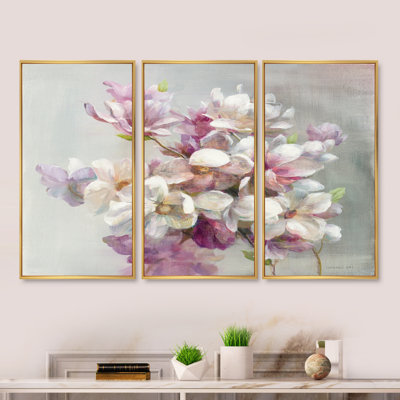 Fleurs de magnolia roses - ensemble d'art mural encadré sur toile Shabby Elegance, ensemble de 3