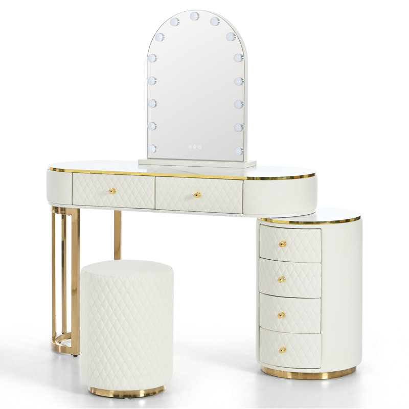 Luxury Makeup Vanity Desk with 3-Color LED Mirror & Stool, Adjustable Length Vanity Table with Movable Side Cabinet and 6 Drawers
