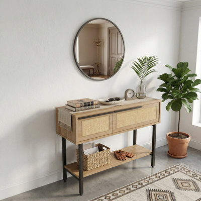 Console Aurelia de 39 po avec miroir rond assorti et détails en rotin