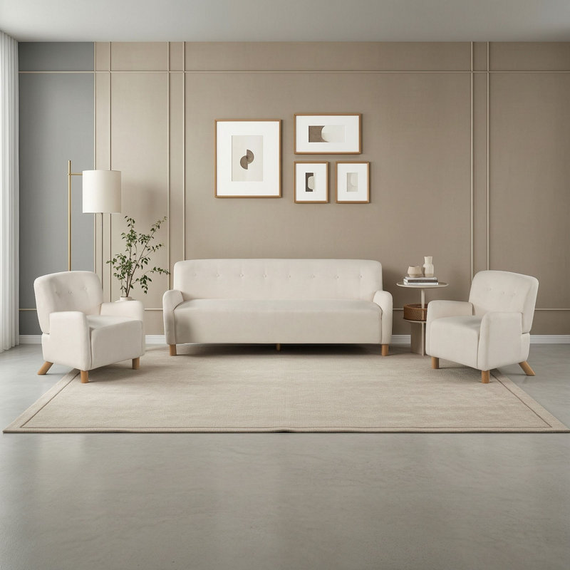 Ensemble de salon 3 pièces, canapé recouvert de lin et 2 fauteuils avec dossier capitonné, pieds en bois d'hévéa, Beige