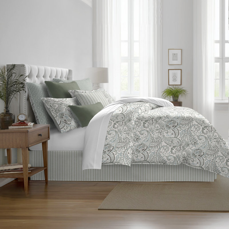 Paisley Seafoam Cotton Duvet Cover Set, California King Duvet Cover + 7 Additional Pieces