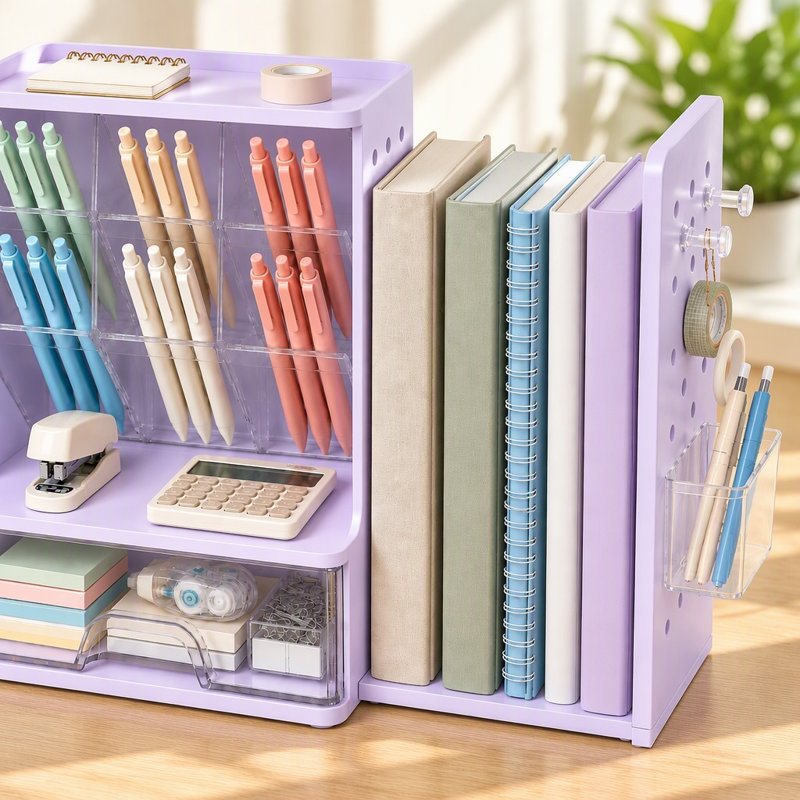 Organisateur de bureau avec serre-livres, panneau perforé et tiroir, porte-stylo et crayon