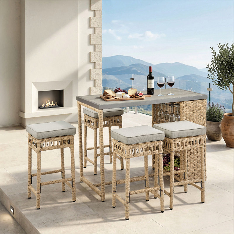 Bogovic 5-Piece Boho-Style Outdoor Wicker Bar Set With Bar Shelves Storage, Yellow