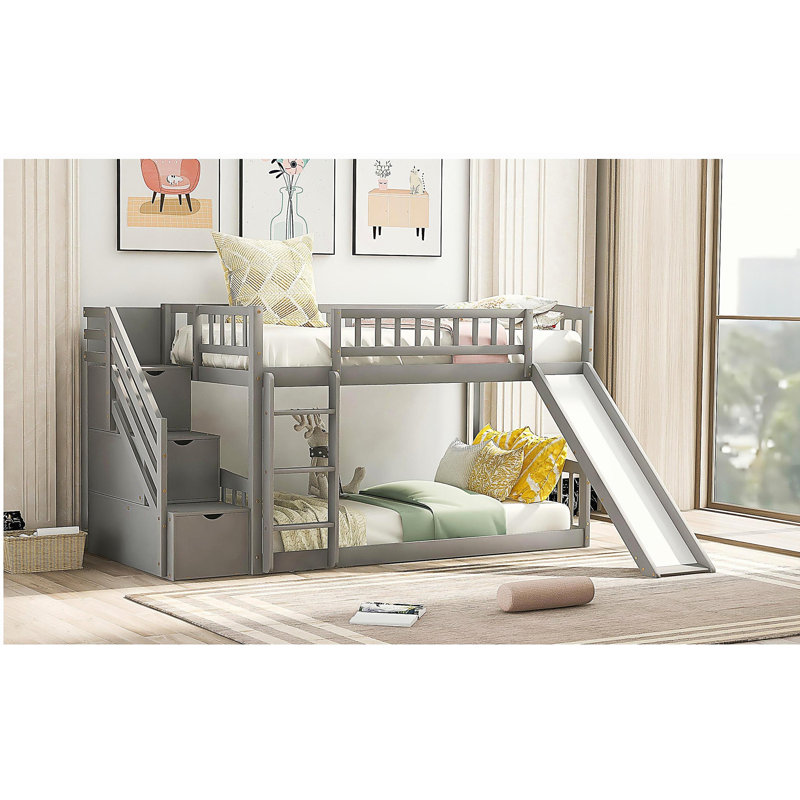 Lit superposé gris de style échelle avec deux tiroirs et une glissade