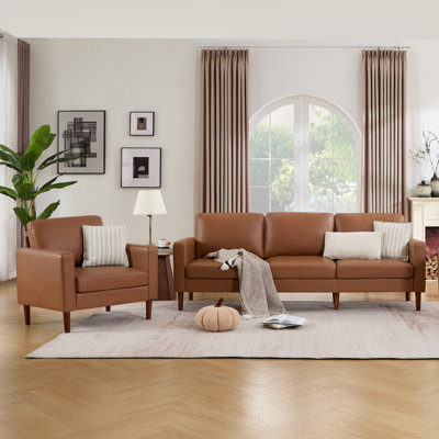 Modern Upholstered Accent Chair And 3 Seater Sofa Living Room Set, Mid-Century Furniture