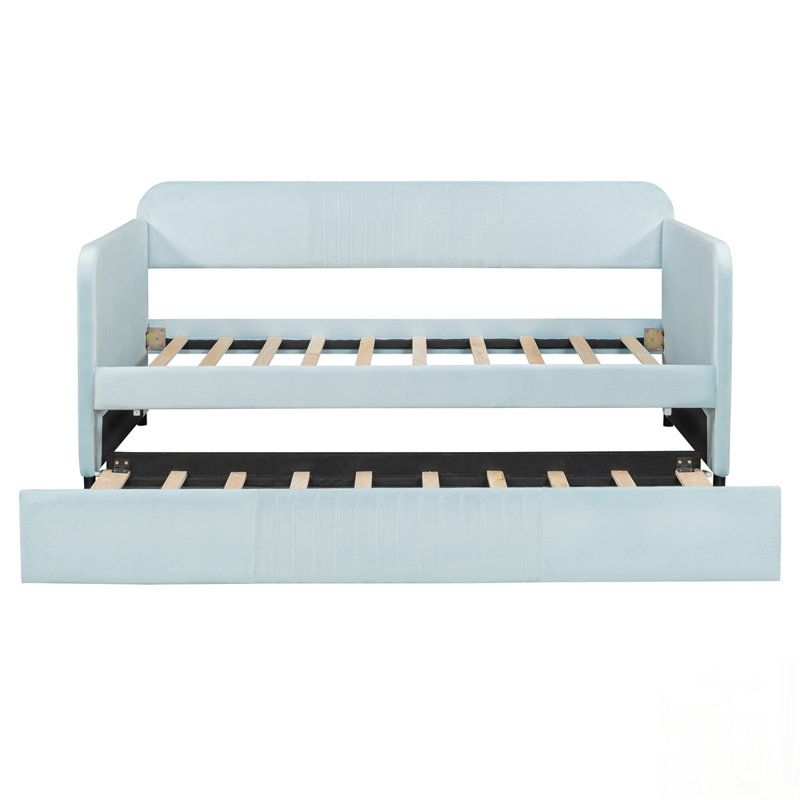 Elegant Velvet Upholstered Daybed with Trundle and Wood Slat Support, Perfect for Small Spaces and Versatile Use, Light Blue