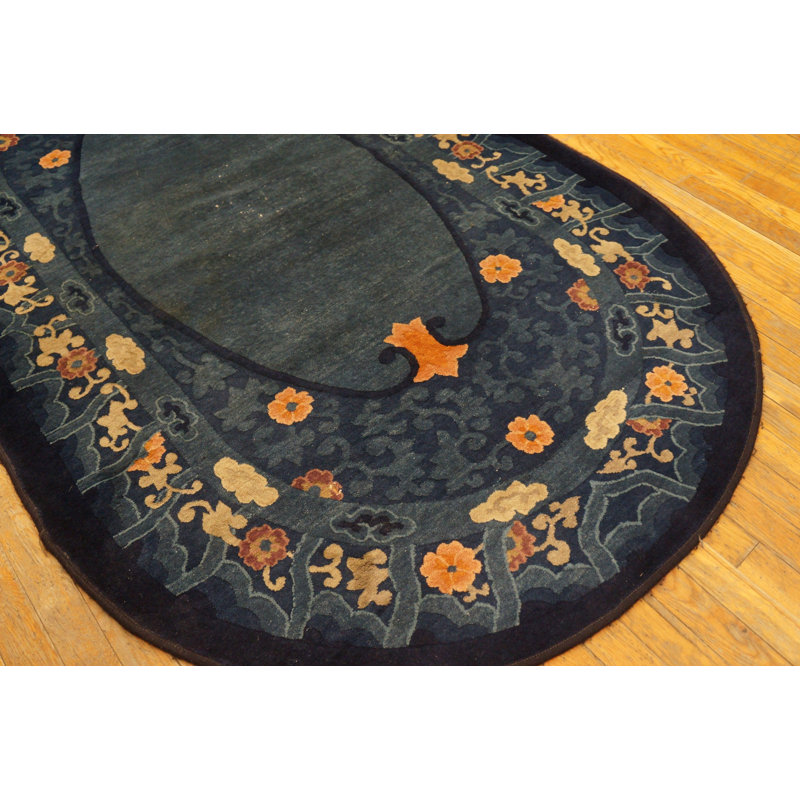 Antique 1920s Hand Knotted Pile Wool Oval Blue Chinese Art Deco Rug