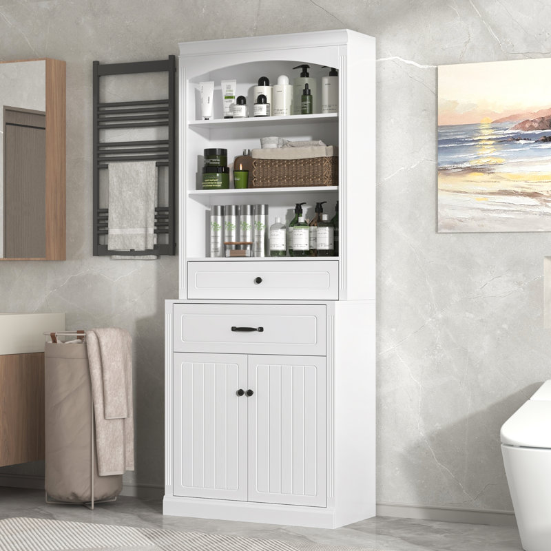 White Bathroom Storage Cabinet With Two Doors, Drawers, Adjustable Shelf & Three Open Shelves, 78.7" H x 31.5" W x 10.8" D