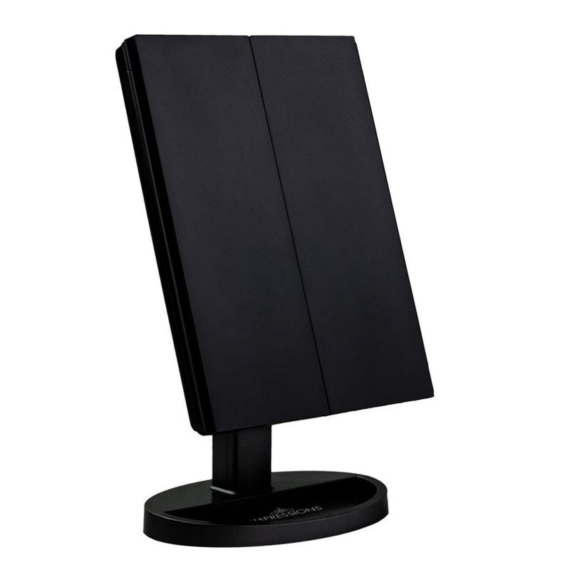 Touch Trifold XL Dimmable LED Makeup Mirror with Standing Base Vanity Dressing Mirror with USB Cable, Black
