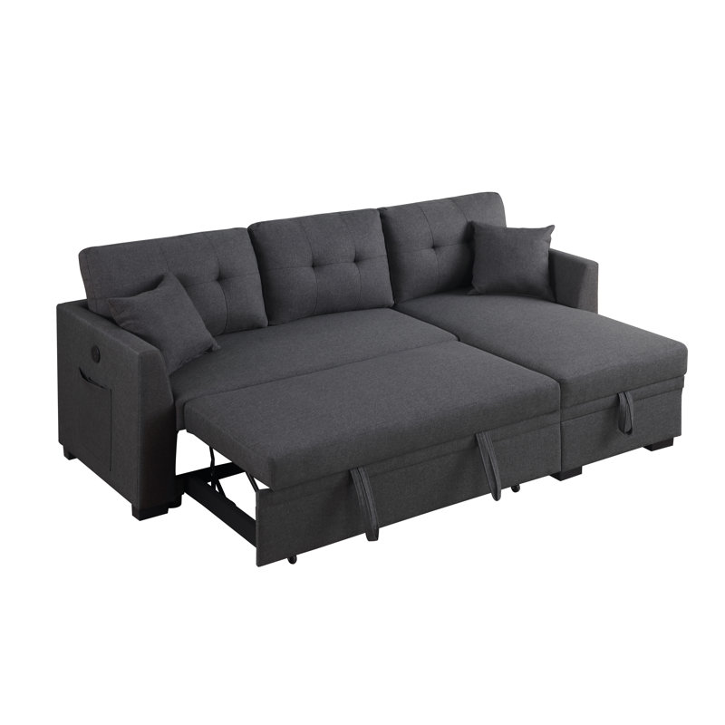 82" L-shape Reversible Linen Sleeper Sectional Sofa, With Pull Out Bed, Storage Chaise And Arms, Corner Couch For Apartment, Dorm, Living Room