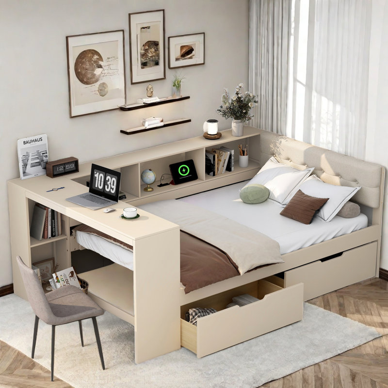 Modern Bed With Storage Shelves, 2 Drawers, Charging Station, Study Desk And Upholstered Headboard, Full