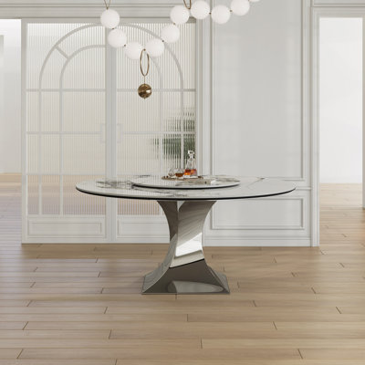 59" Round Sintered Stone Dining Table Set With Stainless Steel Black Titanium Hourglass Base – Modern Luxury Marble-Look Kitchen Table For 4-6, Scratch & Heat Resistant Surface-(Only Table)