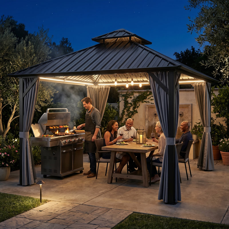 12 Ft. W x 12 Ft. D Outdoor Aluminum Hardtop Gazebo With Double Metal Roof And Curtains