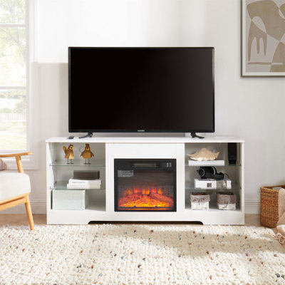 Meuble télé avec foyer électrique moderne avec tablettes en verre, lumières DEL et charge USB, parfait pour les téléviseurs jusqu'à 62 pouces, alliant style et fonctionnalité