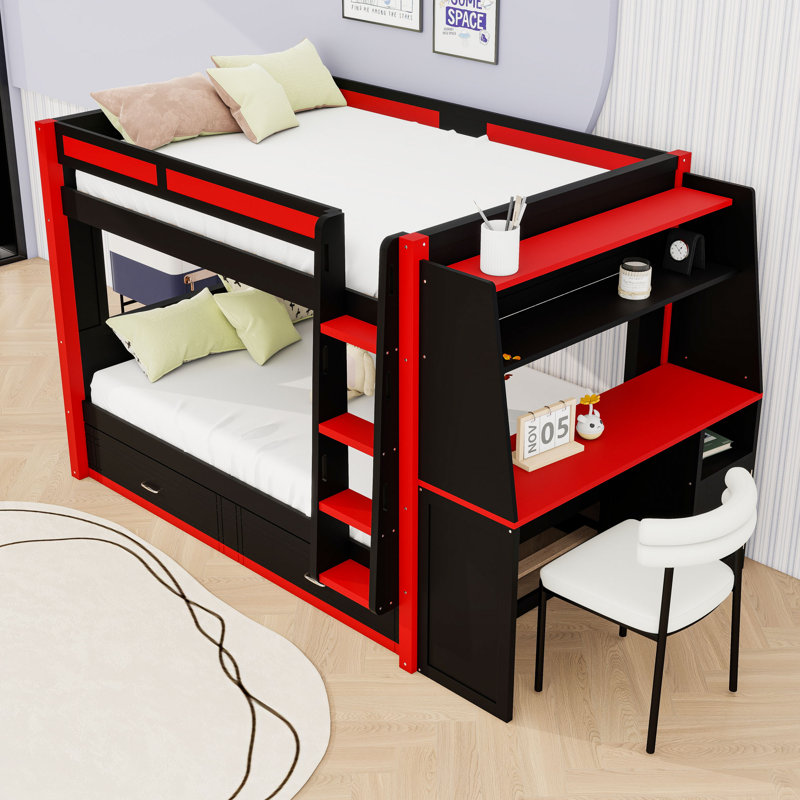 Lit superposé double avec lumière DEL, bureau, lit gigogne et étagères