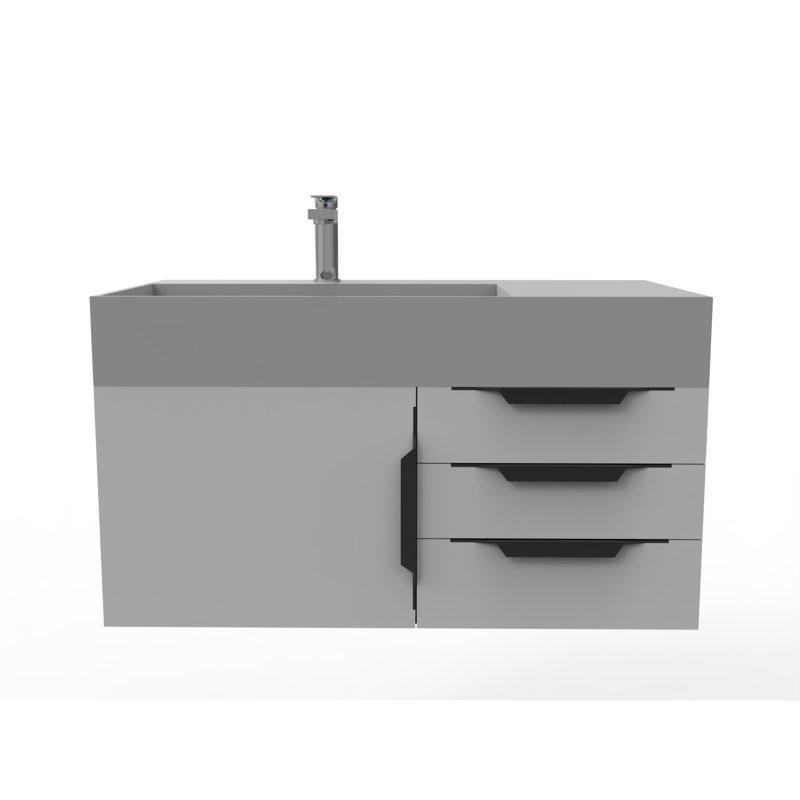 Ensemble de meuble-lavabo mural simple 36 po Bassi, gris, gris, Nickel brossé