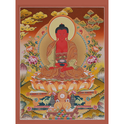 Amitabha Bouddha Thangka, art mural - déesse de la lumière infinie bouddhiste tibétain peinte à la main, toile sans brocart or 24 carats, méditation et sérénité