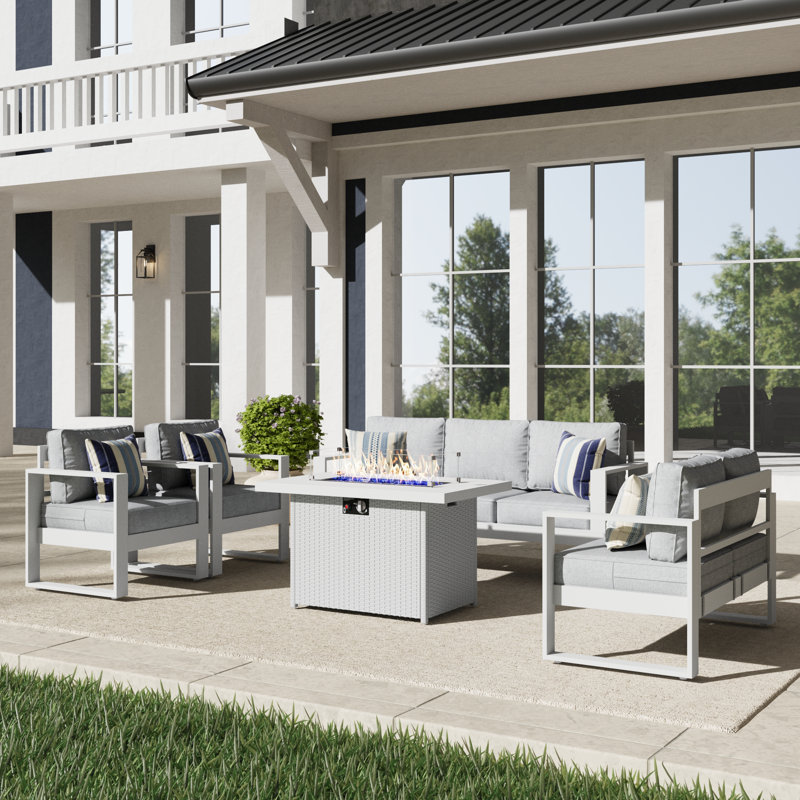 5 Piece Sofa Seating Group With Cushions, Light Grey/White