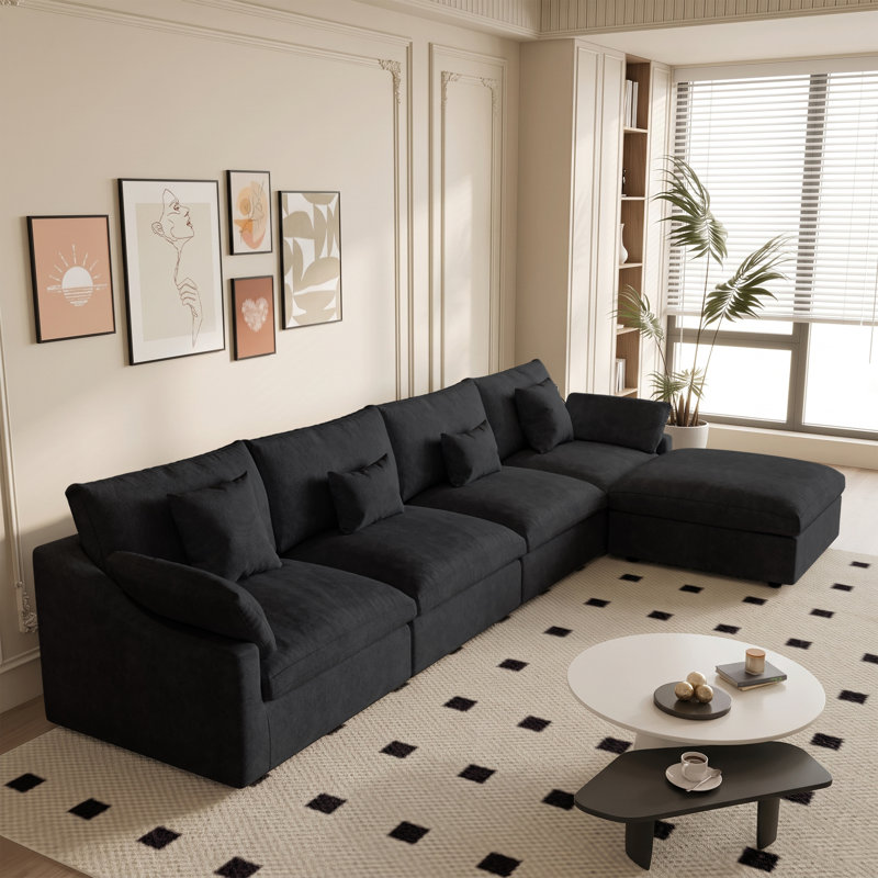 Canapé modulaire rembourré avec repose-pieds, H 29,53 po x l 155,9 po x P 77,95 po, Gris anthracite foncé
