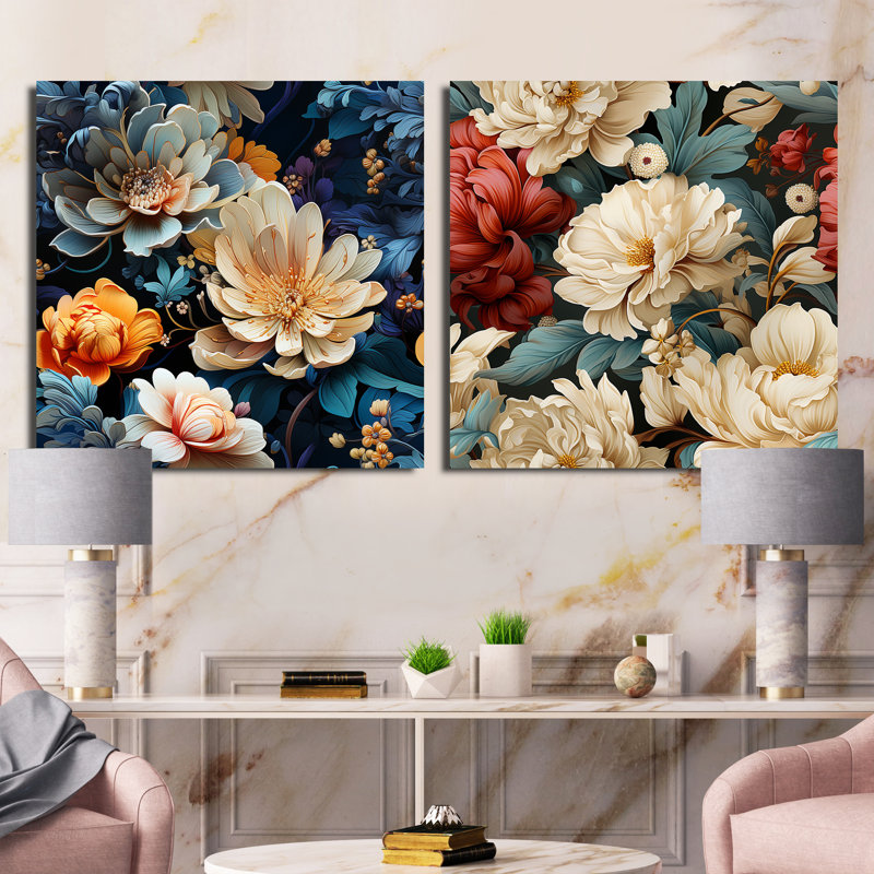 Beige orné Blooming Legacy Delight - ensemble de 2 collages floraux carrés, H 16 po x l 33 po, Toile tendue