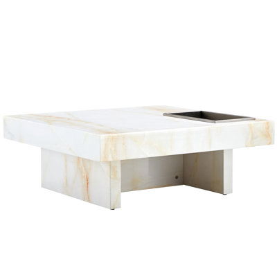 Coffee Table, 31.4"X31.4"X12", Pearl White, With Marble Feature Design Modern Effect