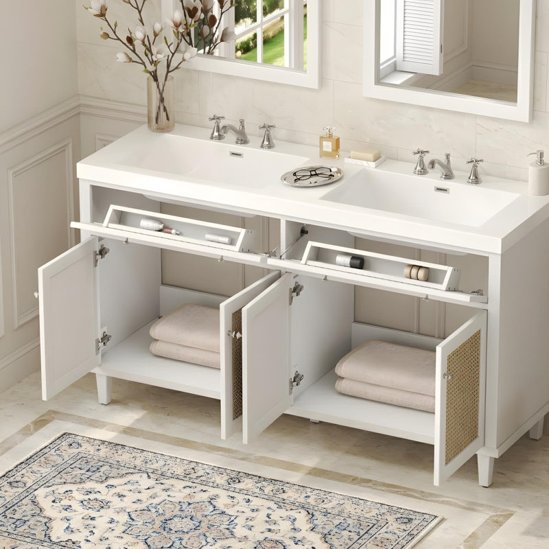 Meuble-lavabo double 60 po avec 2 lavabos SMC, 2 tiroirs et 4 portes d'armoire, Blanc