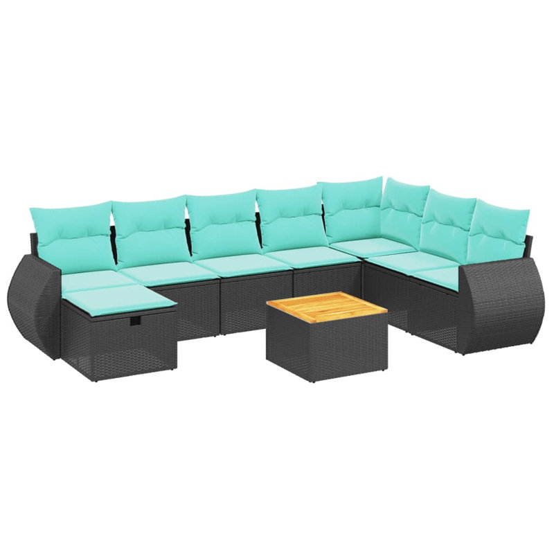 Ensemble de canapé de patio 9 pièces avec coussins en rotin de polyester, Bleu clair, Noir