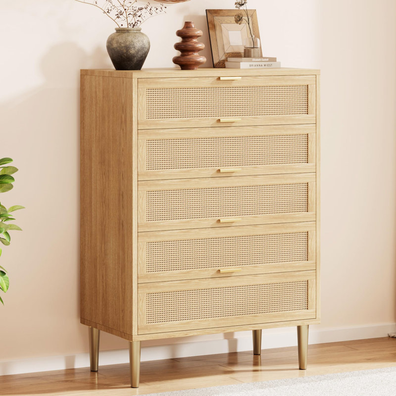 Commode 44 po à 5 tiroirs en rotin 44 po, commode double moderne avec pieds et poignées dorés, Brun