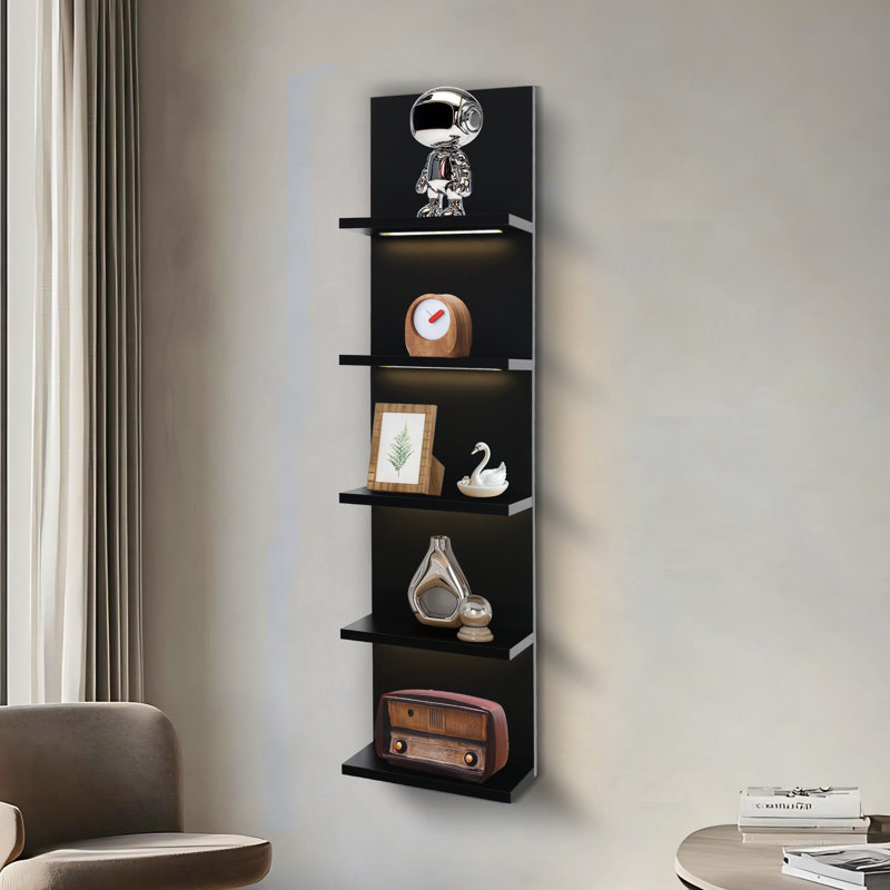 Deangelos 5 Tier Wall Shelf with LED Lights, Black