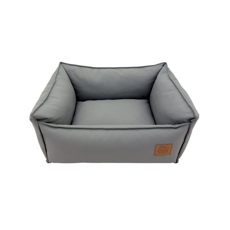 Faux Leather Pet Bed, Grey, 24cm H x 60cm W x 52cm D