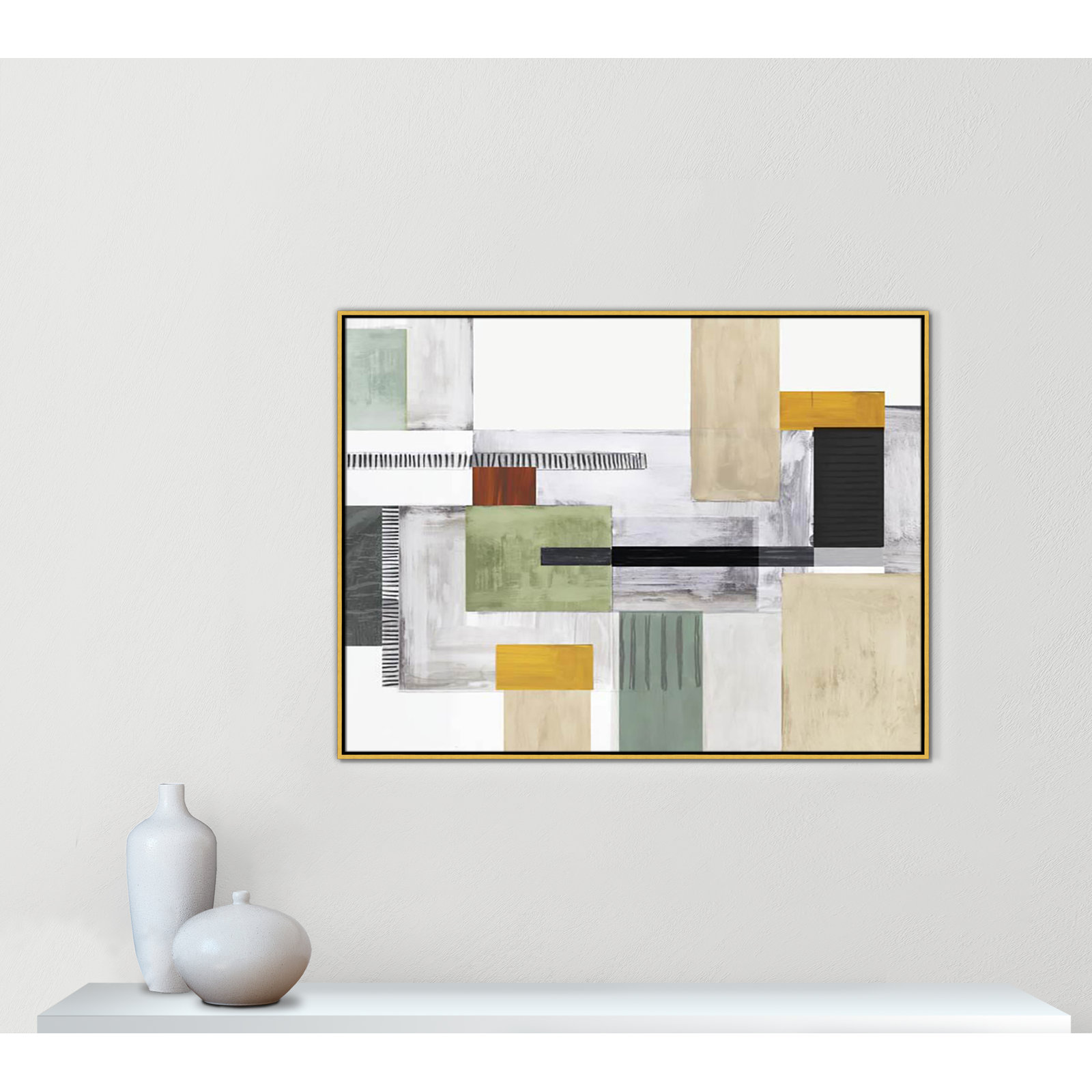 Playful Blocks Print by Tom Reeves, 37.5" H x 49.5" W x 2" D, Gold Floater Framed, No Mat