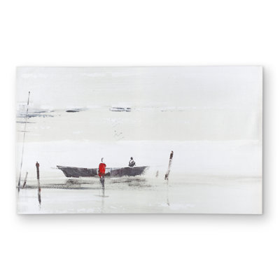 Minimalist Boat on the Lake - Gray Coastal Outdoor Rug