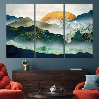 Boho Tempered Glass Abstract Mountain Canvas Print Wall Art,3P Wrapped Canvas