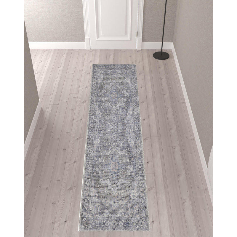 Lyiah Oriental Machine Washable Polyester Area Rug in Gray, Runner 2'2" x 10'