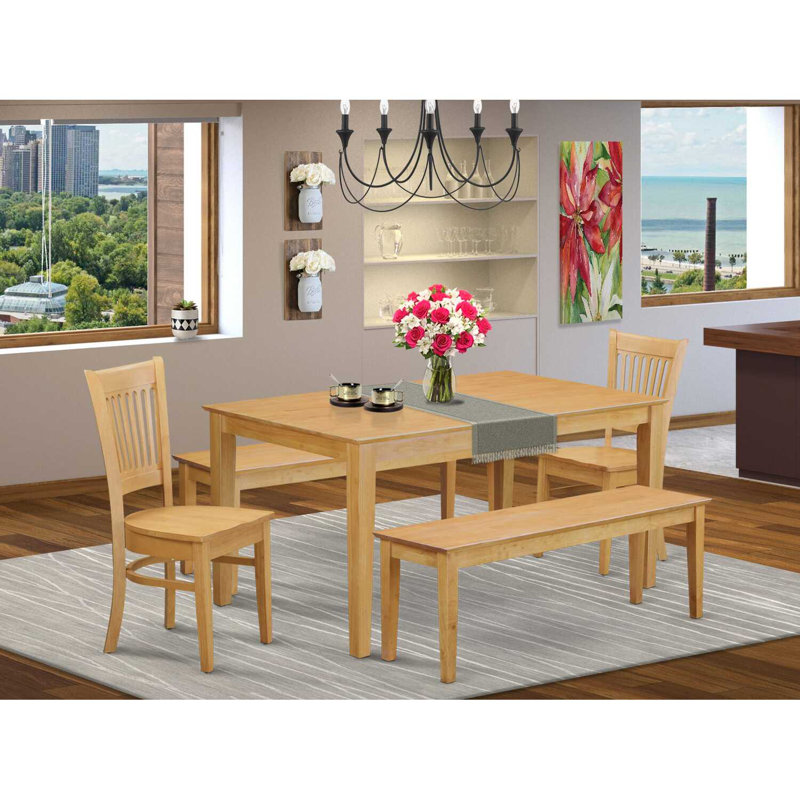 5 Piece Dining Room Table Set Includes a Rectangle Kitchen Table and 2 Dining Chairs with 2 Benches, 36x60 Inch, Oak, Wooden