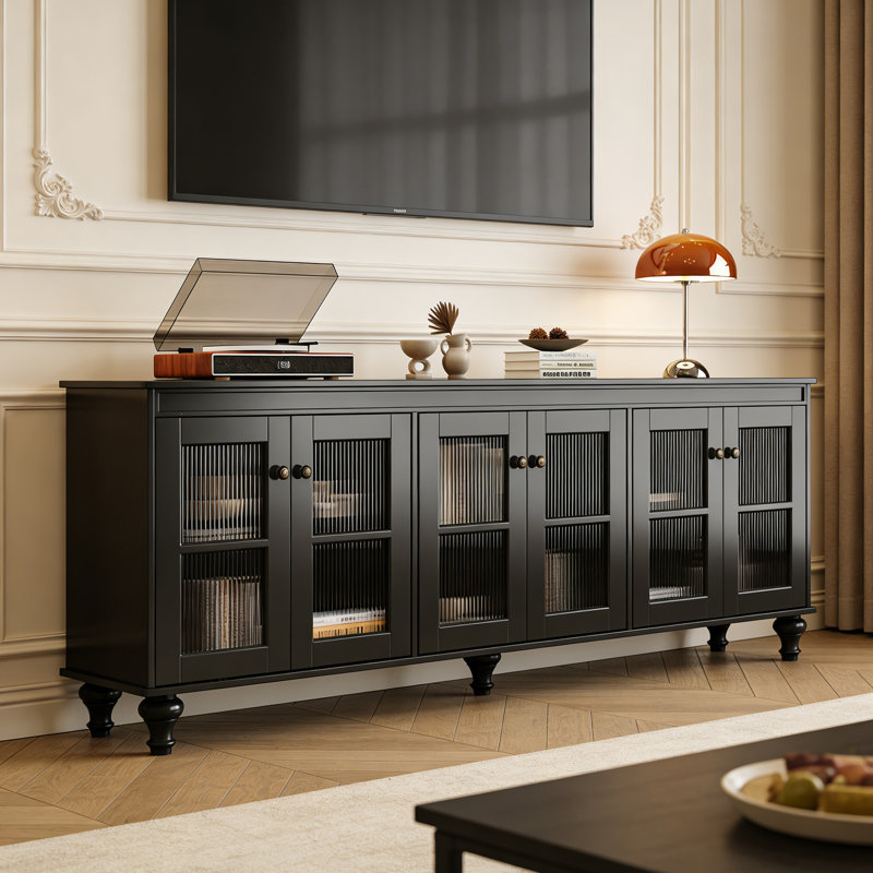 Meuble télé simple en verre rétro, H 28,34 po x L 78,74 po x l 15,74 po, Noir