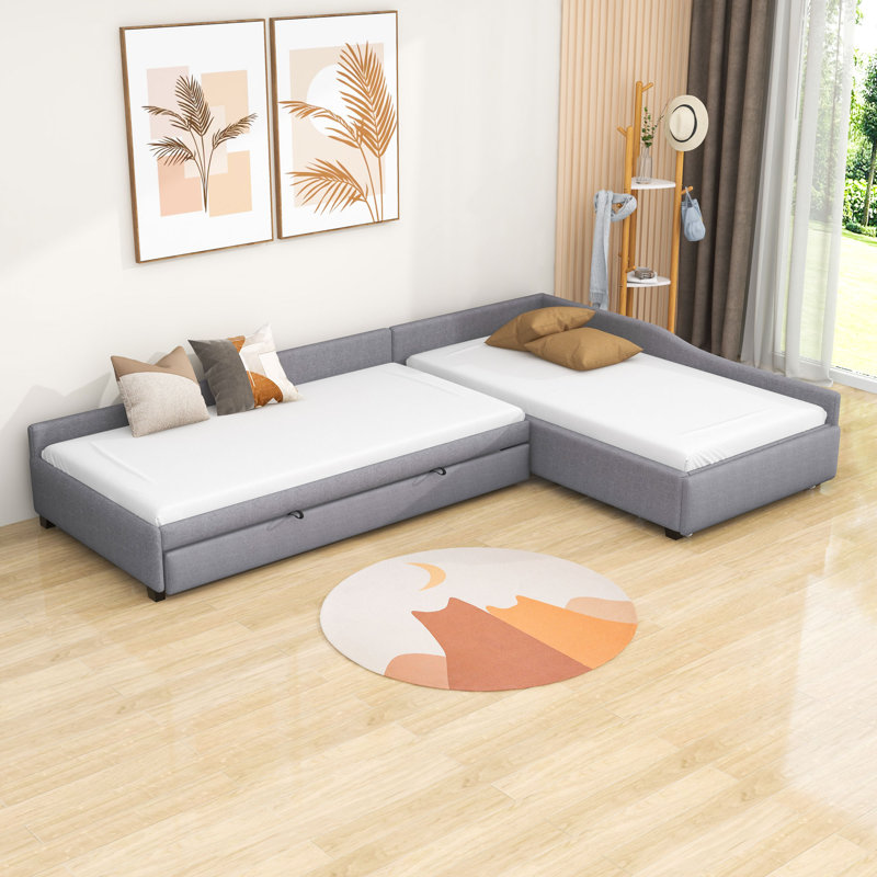 Aylenne Twin Size Upholstered Daybed with Trundle and Drawer, Gray