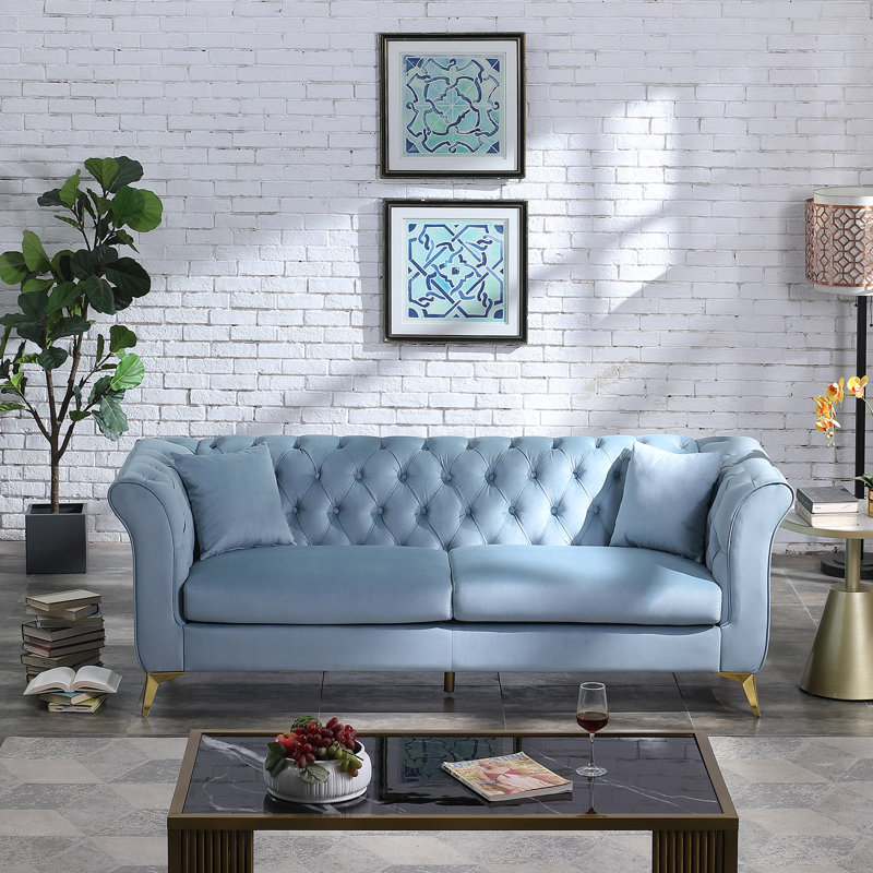 87" Oro Chesterfield Sofa with Flared Arms, Blue Velvet