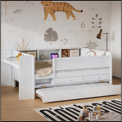 Lit de jour simple multifonctionnel avec tiroirs, lit gigogne, rangement pour tête de lit, chargement USB