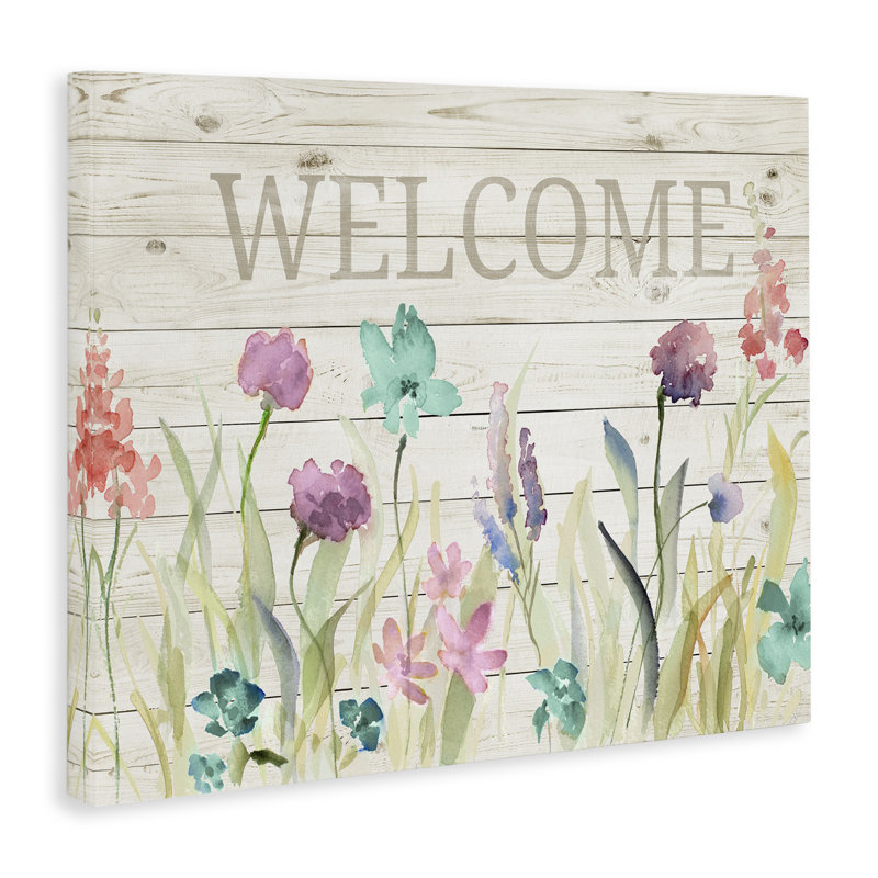 Welcome Sign Spring Wildflower Meadow Rustic Pattern, 30" H x 40" W