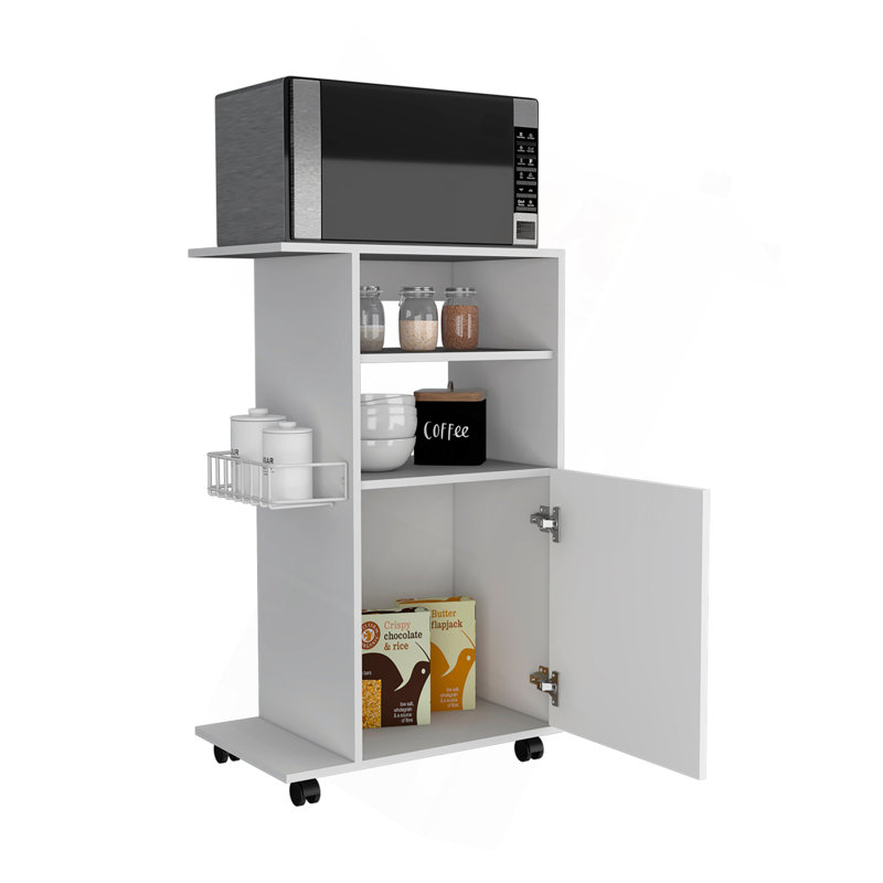 Chariot de cuisine moderne H 39 po, armoire à une porte, quatre roulettes, une tablette latérale, Blanc
