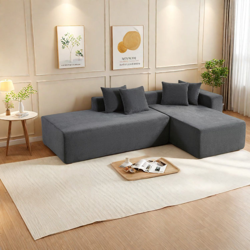 Grands canapés modernes en forme de L en bois d'acacia gris foncé pour le salon