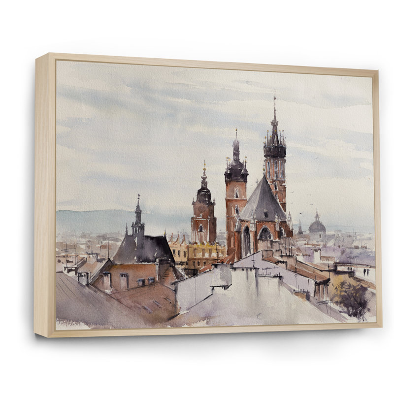 Vieille ville de Cracovie en Pologne - reproduction sur toile flottante, H 24 po x l 36 po x P 1 po, Cadre naturel