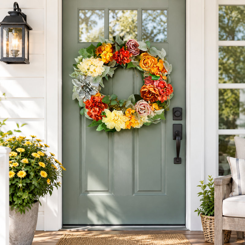 Couronne de 61 cm (24 pouces) d'hortensias et de roses rouges, oranges et jaunes, fausse couronne décorative toutes saisons