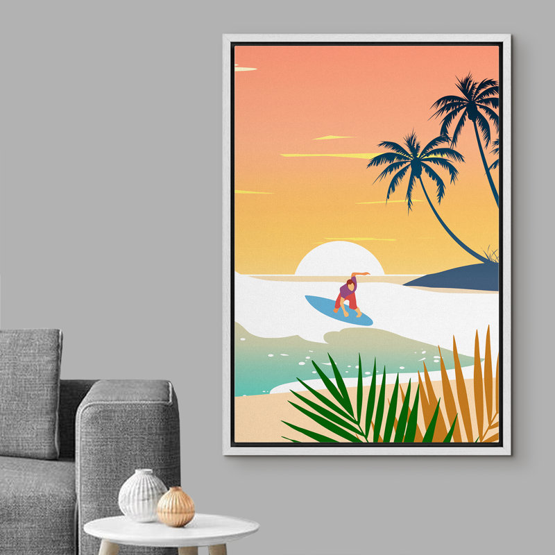 «Coastal Beach Surfing On The Waves At Sunset», reproduction sur toile flottante, H 24 po x l 16 po x P 1,5 po, Cadre blanc